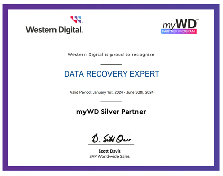 WD partnership certificate to help everyone with WD product and data recovery